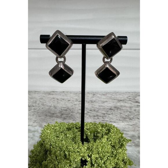 Vintage Sterling Silver Taxco Mexico Black Onyx Inlay Dangle Earrings - Picture 1 of 7